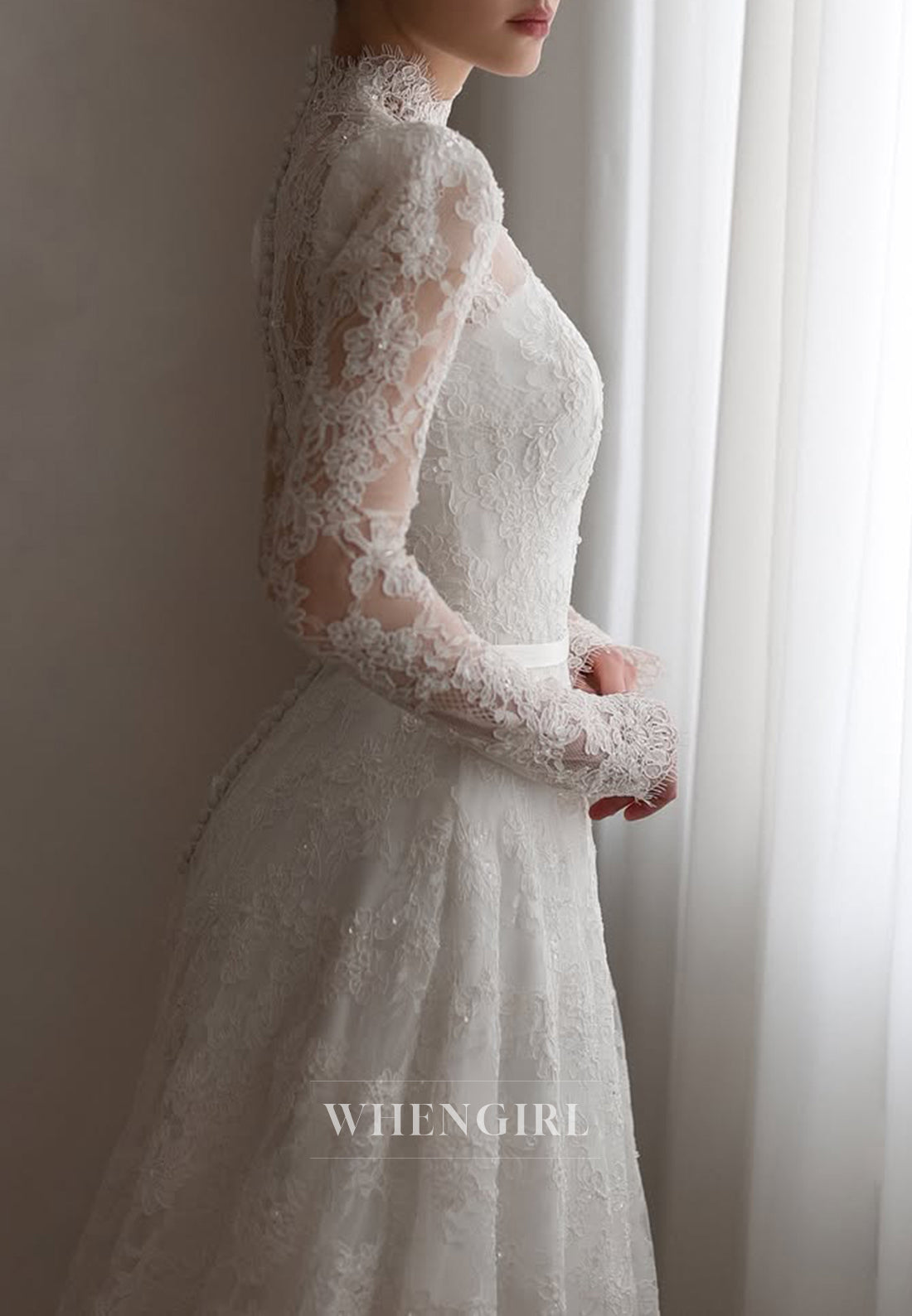 High Neck Long Sleeves Appliqued Lace A-Line Wedding Dress with Court Train