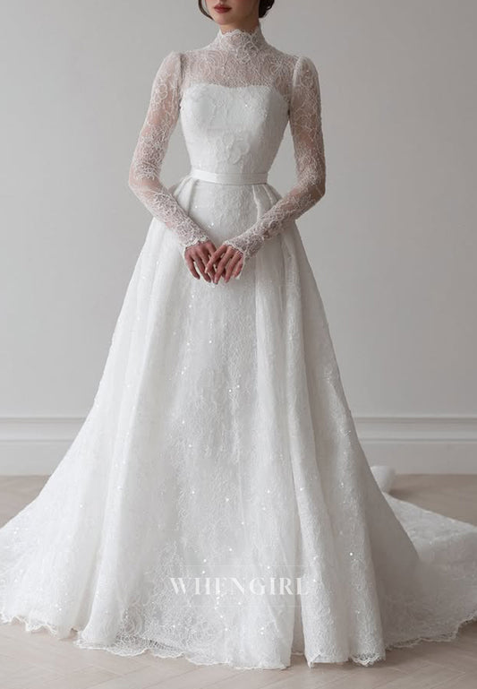 A-Line Pleated High Neck Long Sleeves Beaded Lace Wedding Dress with Court Train