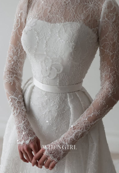 A-Line Pleated High Neck Long Sleeves Beaded Lace Wedding Dress with Court Train