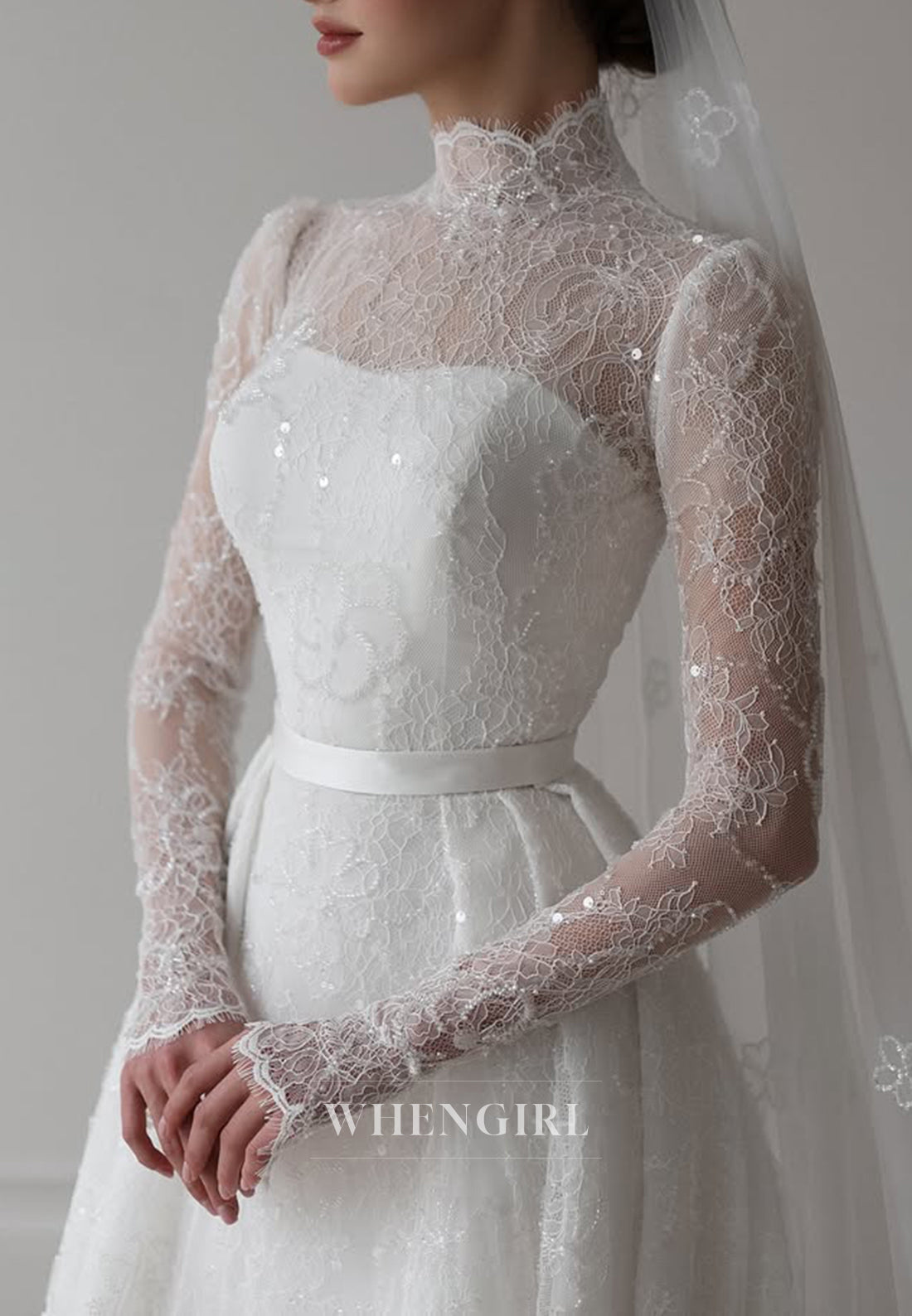 A-Line Pleated High Neck Long Sleeves Beaded Lace Wedding Dress with Court Train