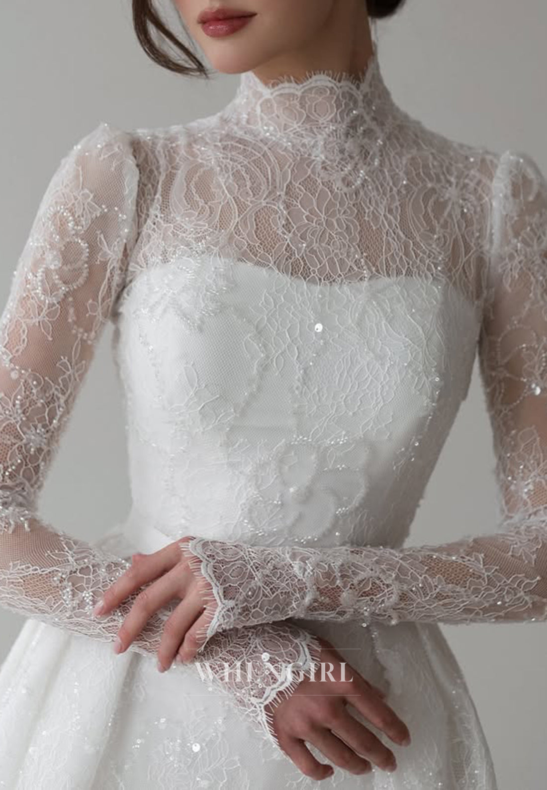 A-Line Pleated High Neck Long Sleeves Beaded Lace Wedding Dress with Court Train