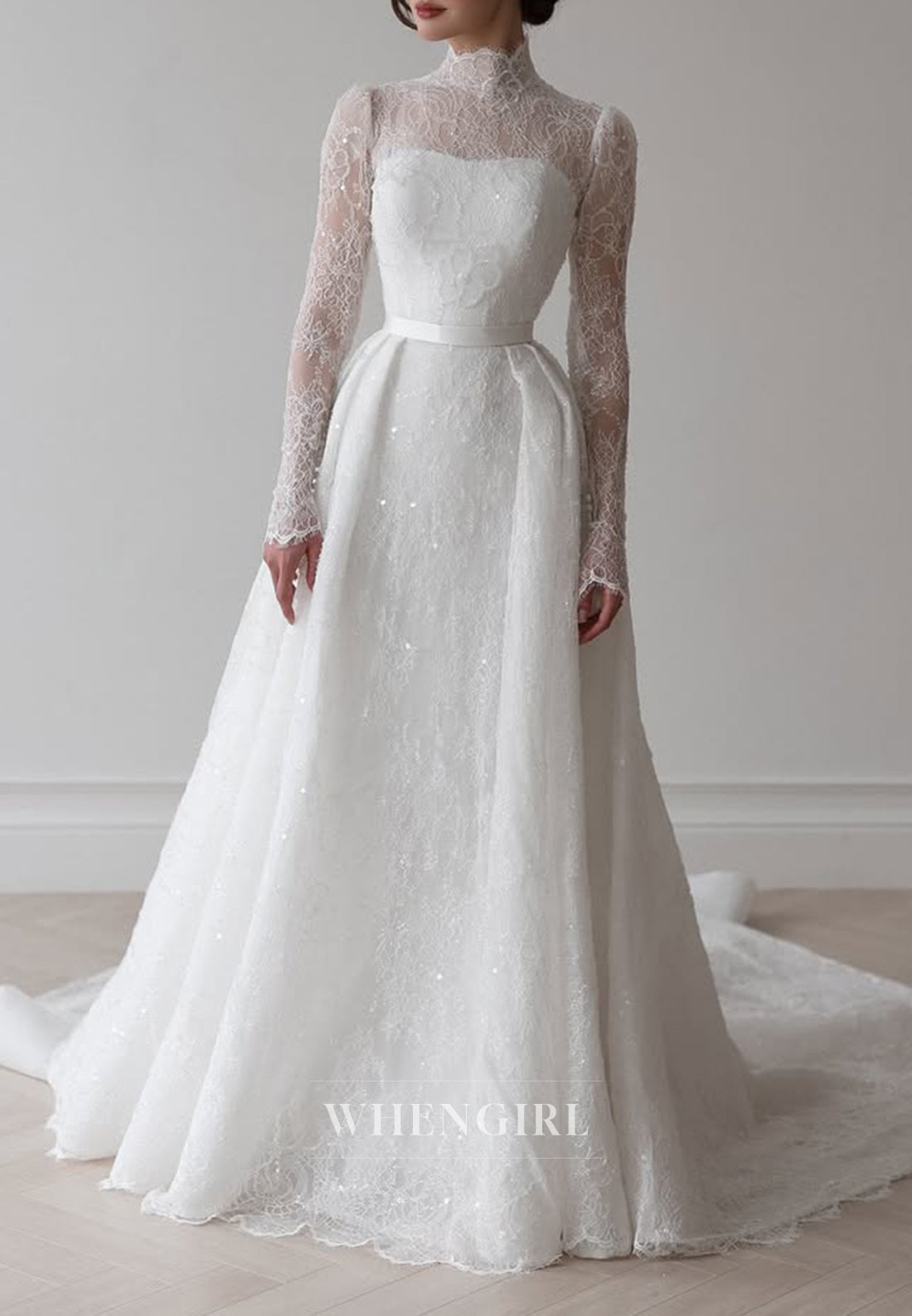 A-Line Pleated High Neck Long Sleeves Beaded Lace Wedding Dress with Court Train