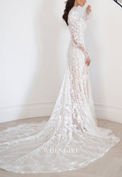 Sheath High Neck Long Sleeves Appliqued Lace Court Train Wedding Dress