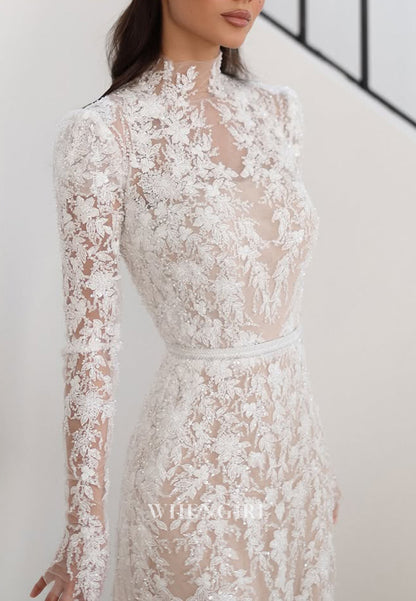 Sheath High Neck Long Sleeves Appliqued Lace Court Train Wedding Dress