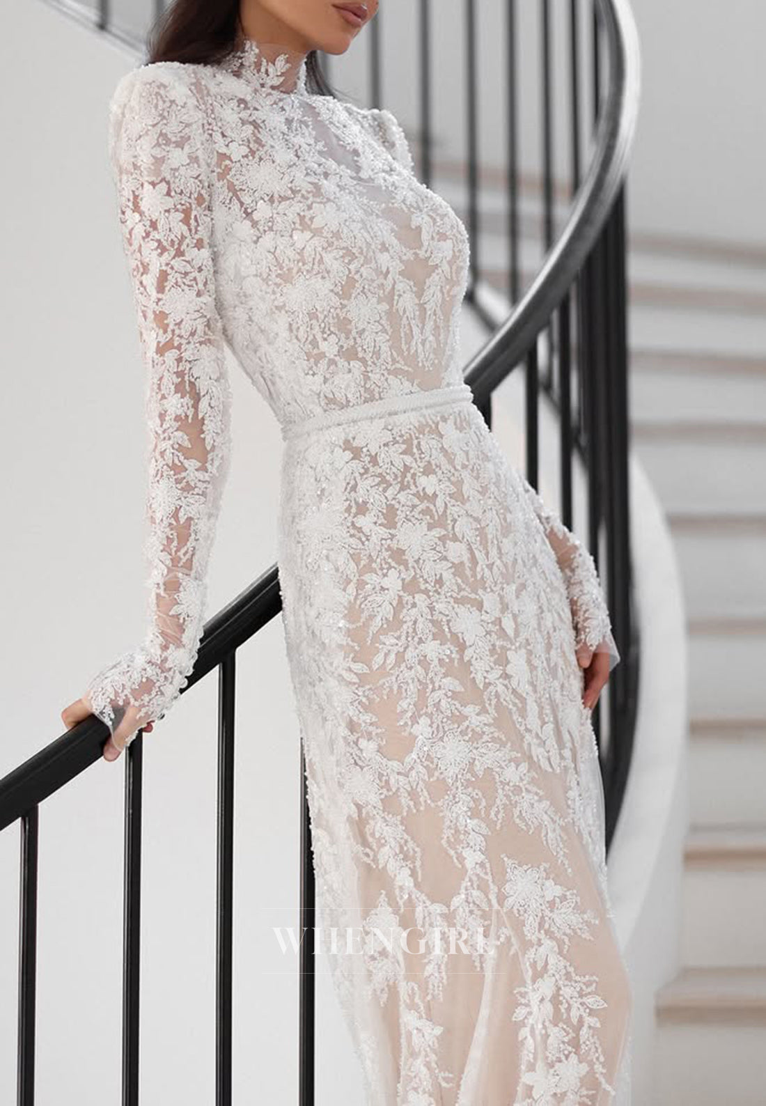 Sheath High Neck Long Sleeves Appliqued Lace Court Train Wedding Dress