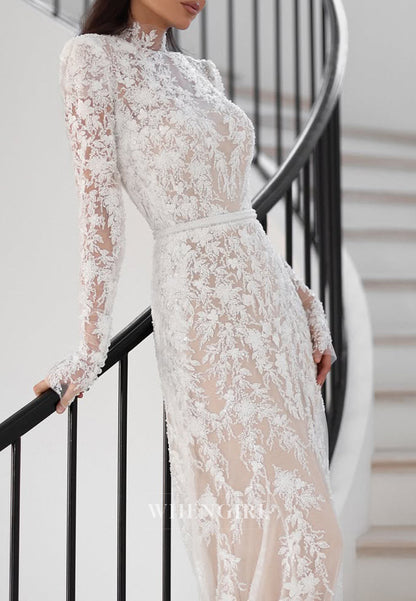 Sheath High Neck Long Sleeves Appliqued Lace Court Train Wedding Dress