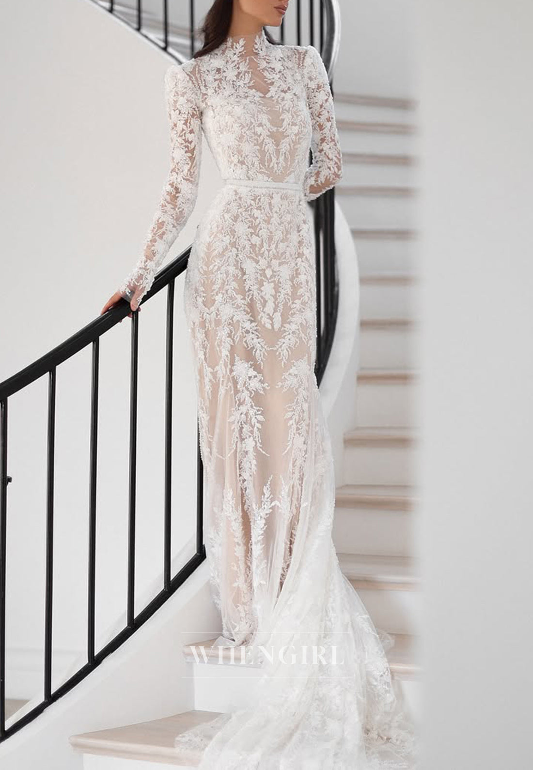 Sheath High Neck Long Sleeves Appliqued Lace Court Train Wedding Dress