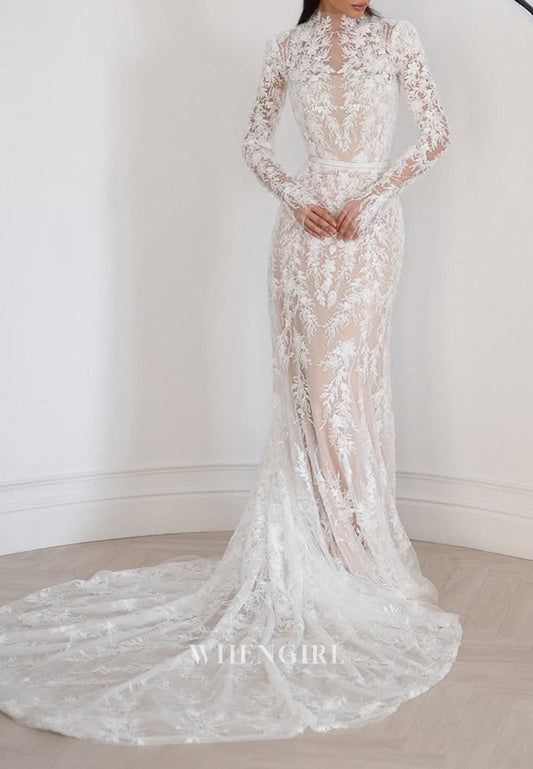 Sheath High Neck Long Sleeves Appliqued Lace Court Train Wedding Dress