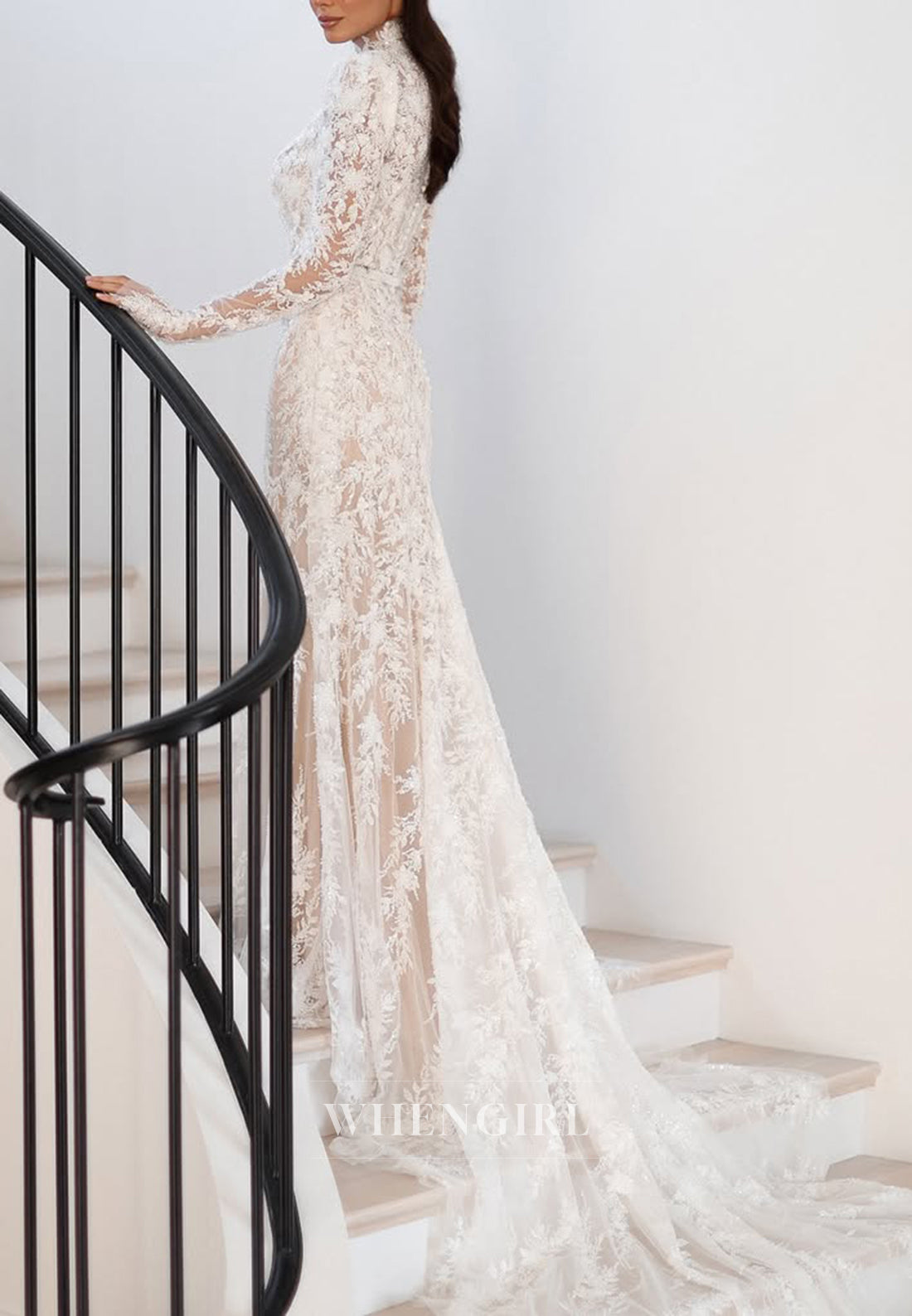 Sheath High Neck Long Sleeves Appliqued Lace Court Train Wedding Dress