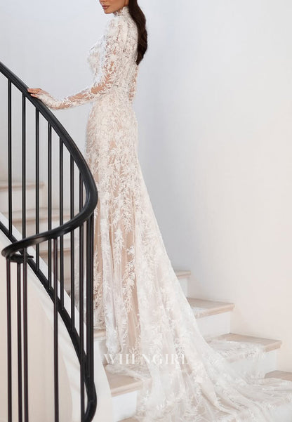Sheath High Neck Long Sleeves Appliqued Lace Court Train Wedding Dress