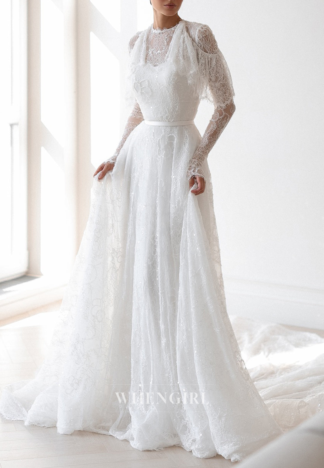 A-Line Beaded Lace Long Sleeves Ruffles Sweep Train Buttons Wedding Dress