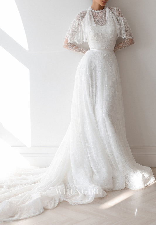 A-Line Beaded Lace Long Sleeves Ruffles Sweep Train Buttons Wedding Dress
