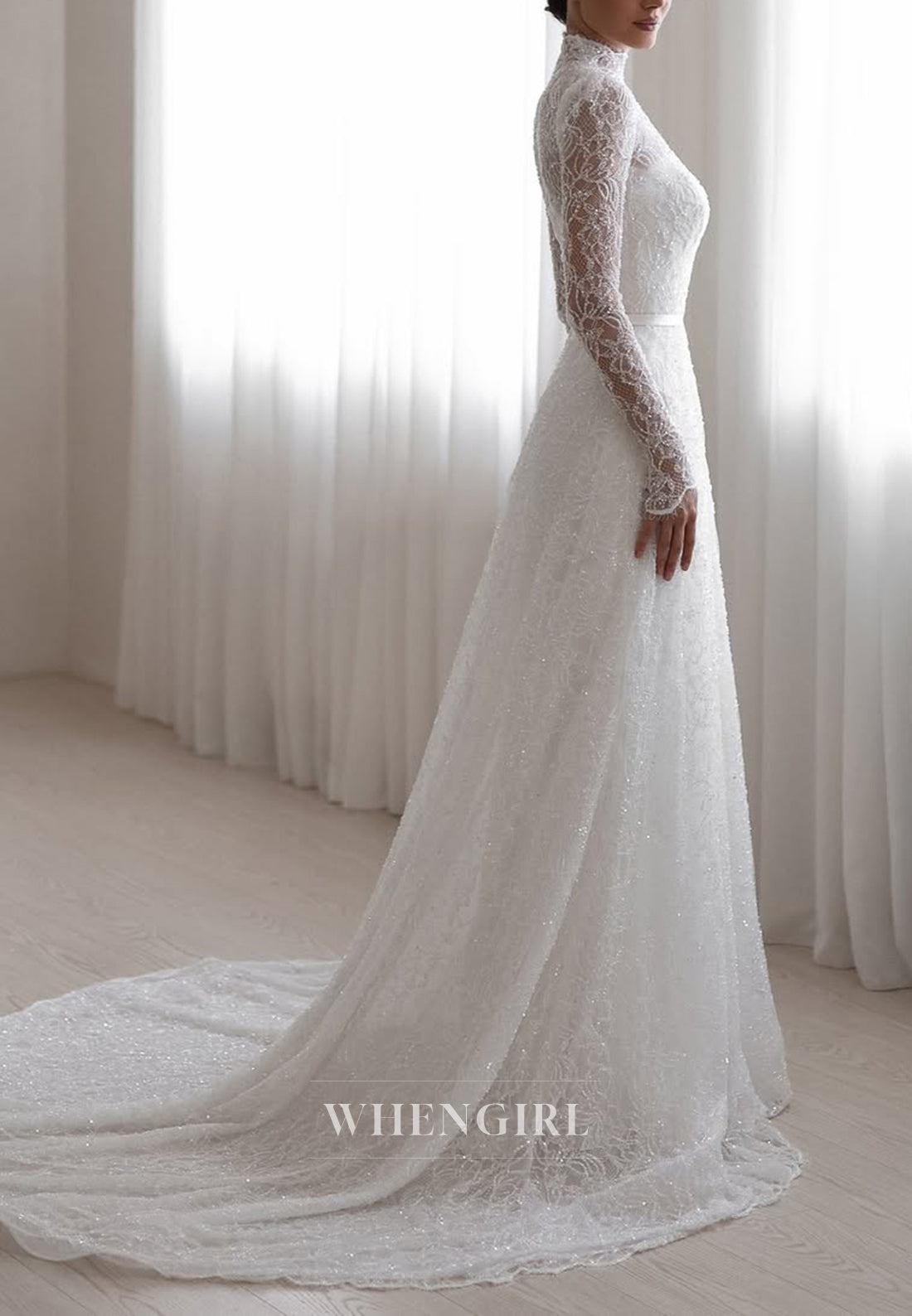 A-Line Beaded Lace High Neck Long Sleeves Court Train Wedding Dress