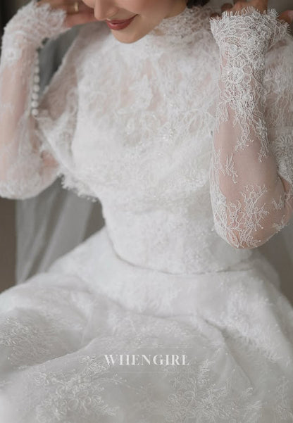 High Neck Long Sleeves Court Train A-Line Lace Wedding Dress