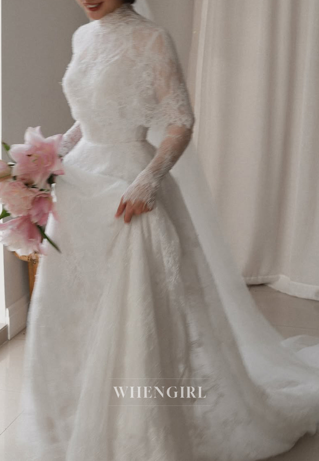 High Neck Long Sleeves Court Train A-Line Lace Wedding Dress