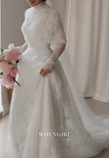 High Neck Long Sleeves Court Train A-Line Lace Wedding Dress