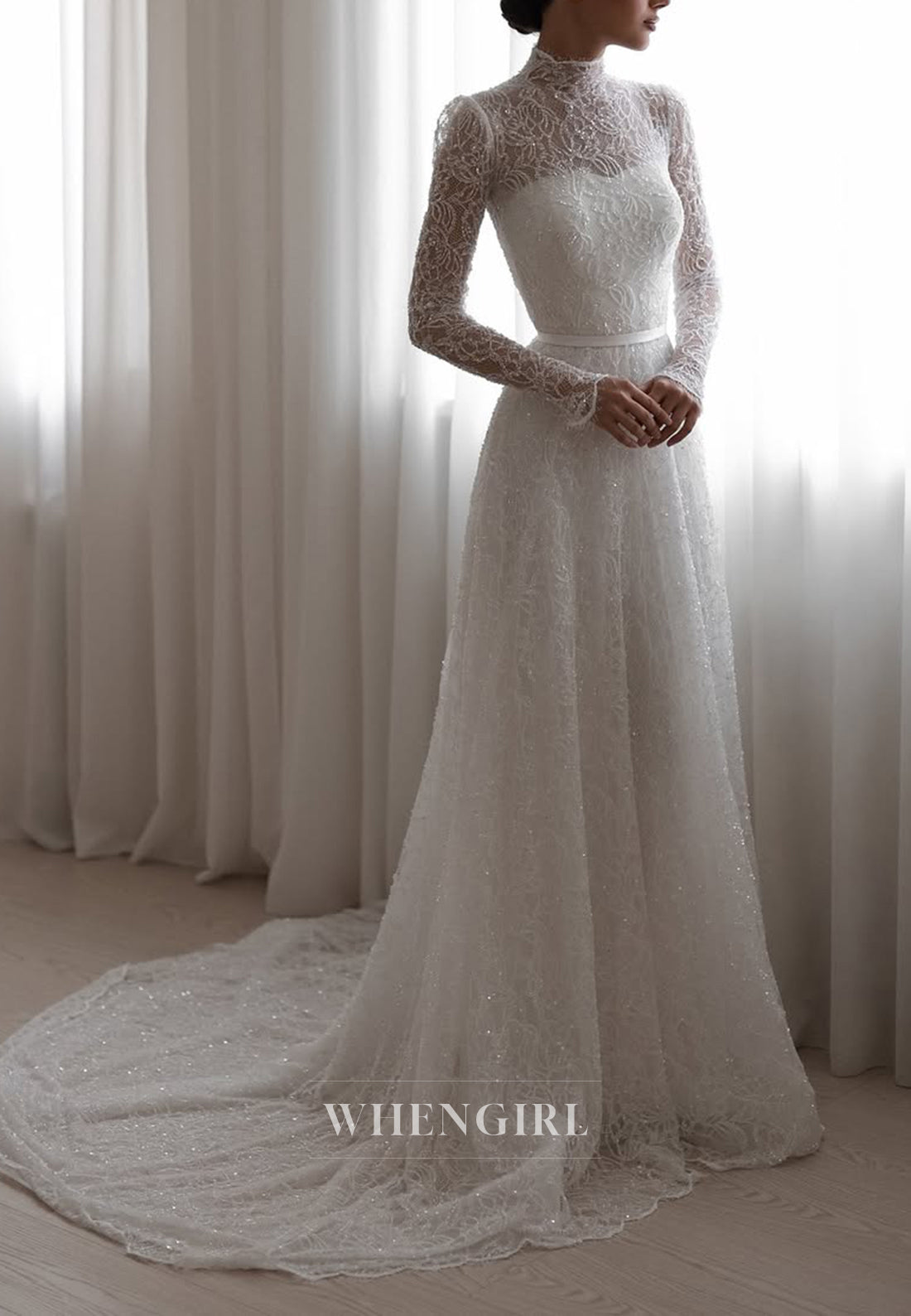 A-Line Beaded Lace High Neck Long Sleeves Court Train Wedding Dress