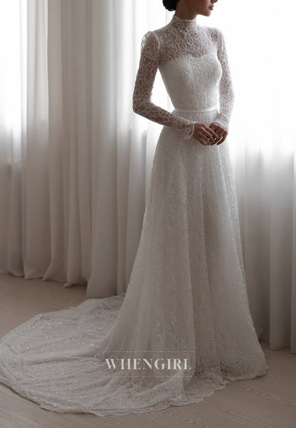 A-Line Beaded Lace High Neck Long Sleeves Court Train Wedding Dress