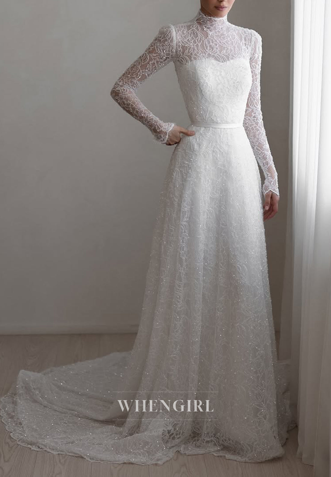 A-Line Beaded Lace High Neck Long Sleeves Court Train Wedding Dress