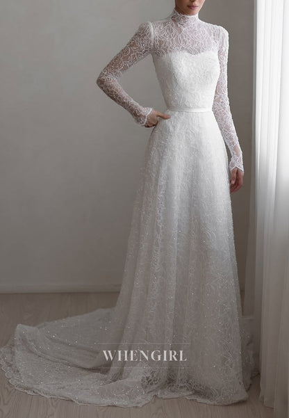A-Line Beaded Lace High Neck Long Sleeves Court Train Wedding Dress