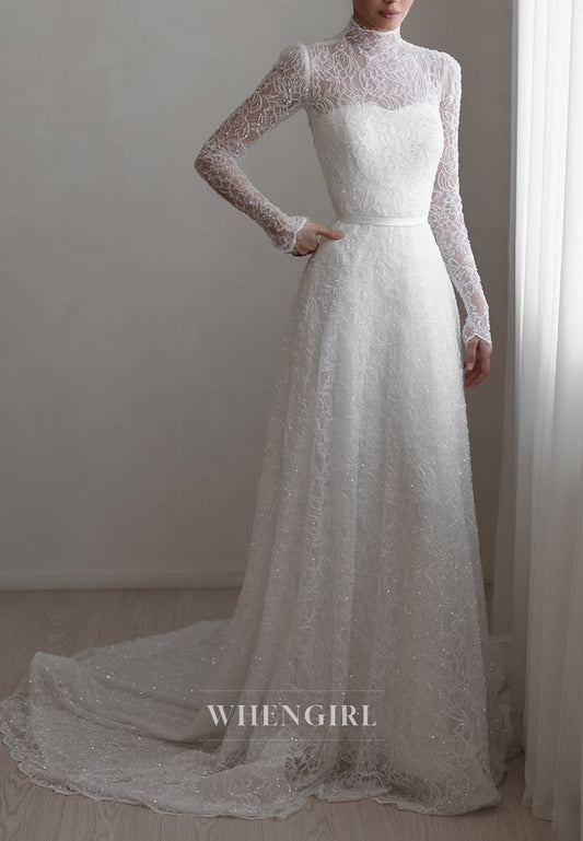 A-Line Beaded Lace High Neck Long Sleeves Court Train Wedding Dress