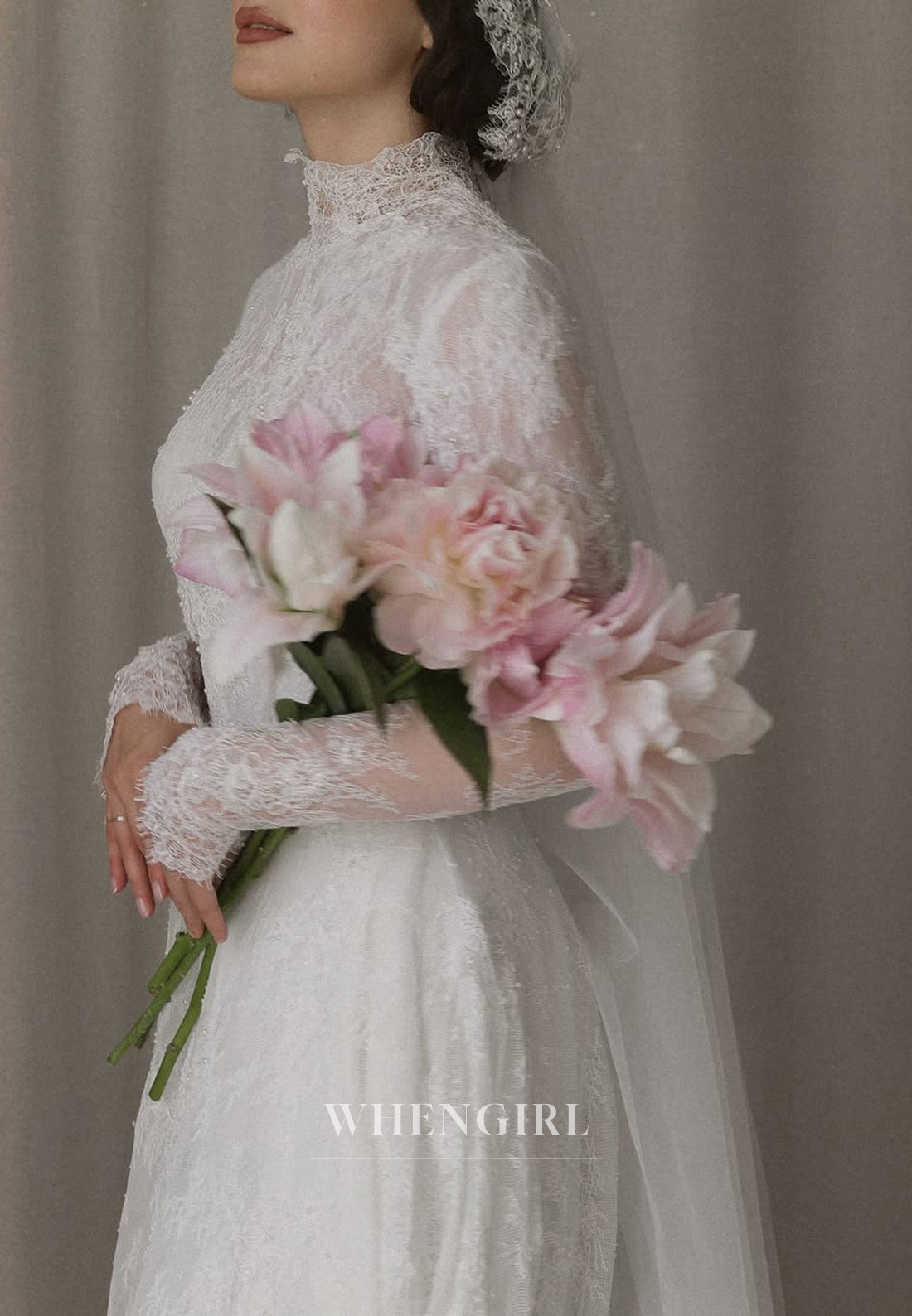 High Neck Long Sleeves Court Train A-Line Lace Wedding Dress