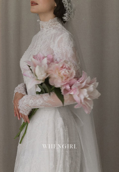 High Neck Long Sleeves Court Train A-Line Lace Wedding Dress