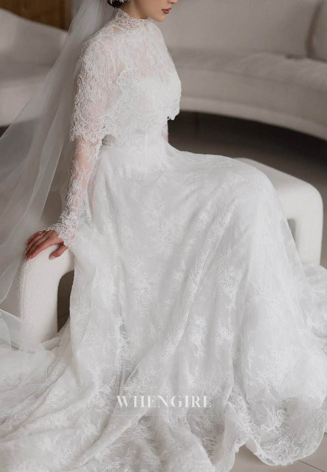 High Neck Long Sleeves Court Train A-Line Lace Wedding Dress