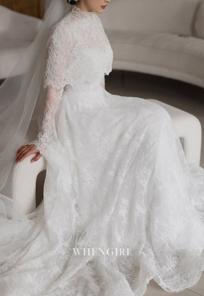 High Neck Long Sleeves Court Train A-Line Lace Wedding Dress