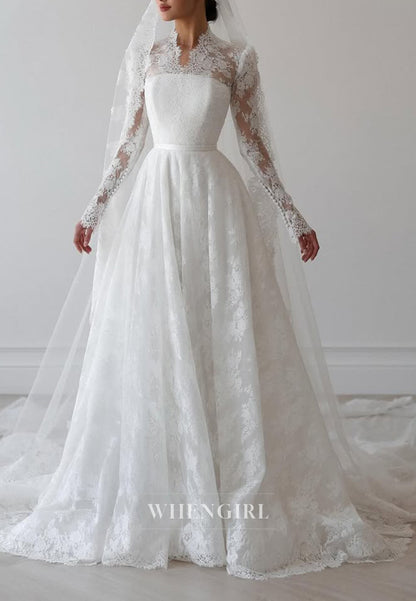 A-Line Long Sleeves Appliqued Lace Asymmetrical Neck Wedding Dress with Train