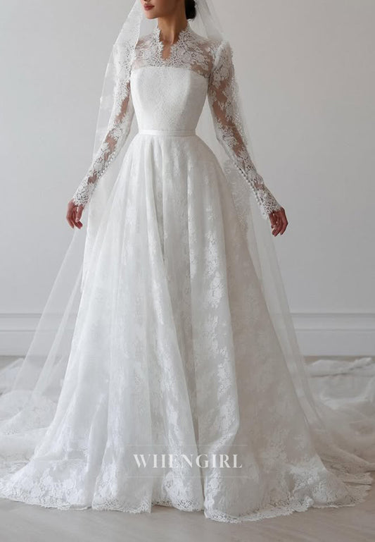 A-Line Long Sleeves Appliqued Lace Asymmetrical Neck Wedding Dress with Train