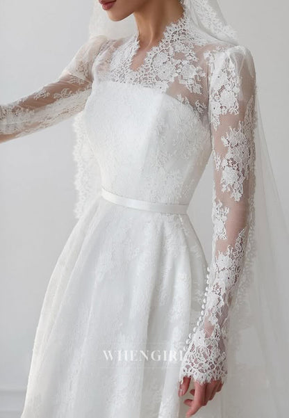 A-Line Long Sleeves Appliqued Lace Asymmetrical Neck Wedding Dress with Train