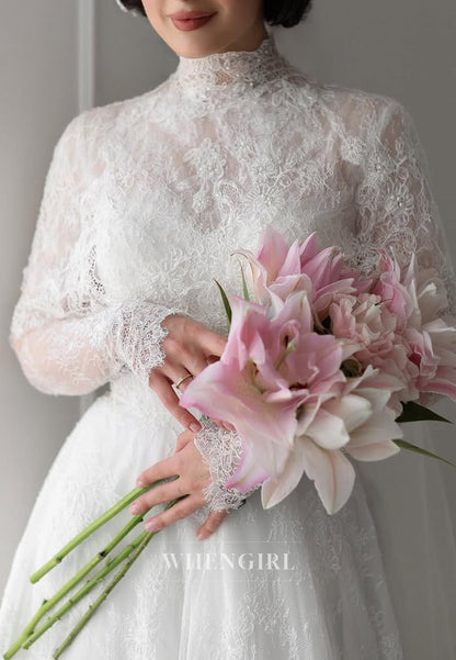 High Neck Long Sleeves Court Train A-Line Lace Wedding Dress
