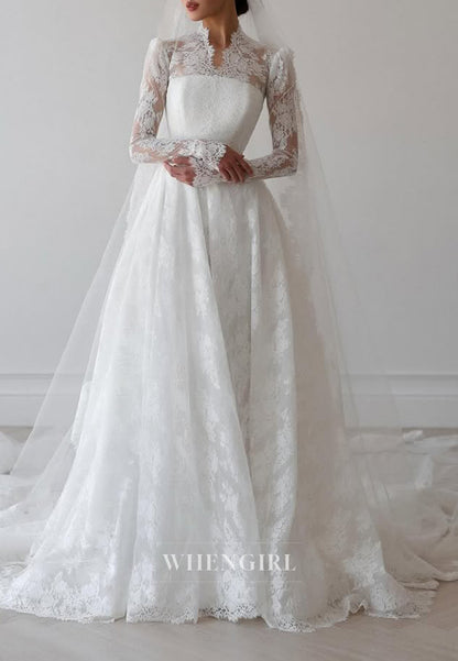 A-Line Long Sleeves Appliqued Lace Asymmetrical Neck Wedding Dress with Train