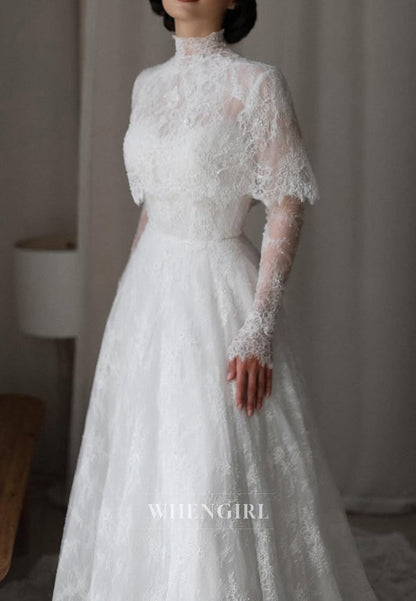 High Neck Long Sleeves Court Train A-Line Lace Wedding Dress