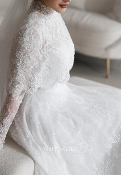 High Neck Long Sleeves Court Train A-Line Lace Wedding Dress