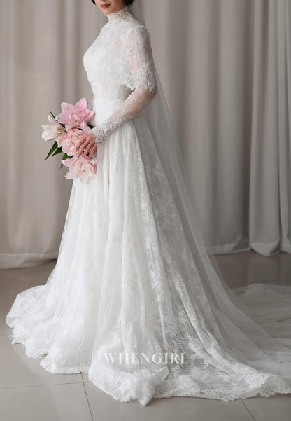 High Neck Long Sleeves Court Train A-Line Lace Wedding Dress