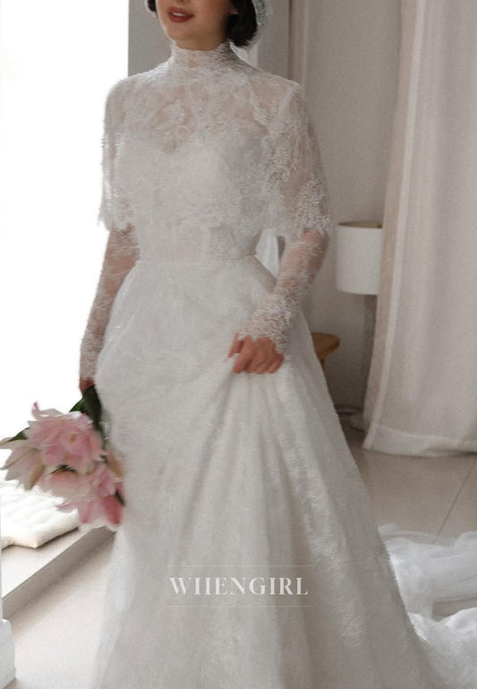 High Neck Long Sleeves Court Train A-Line Lace Wedding Dress