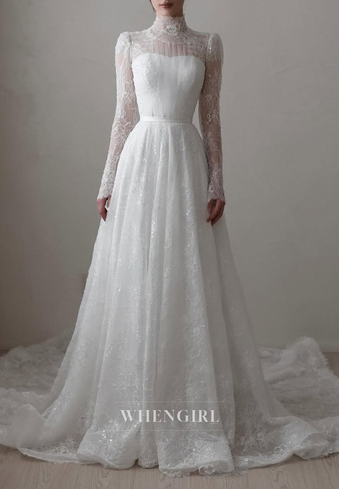 A-Line High Neck Long Sleeves Beaded Lace Buttons Court Train Wedding Dress