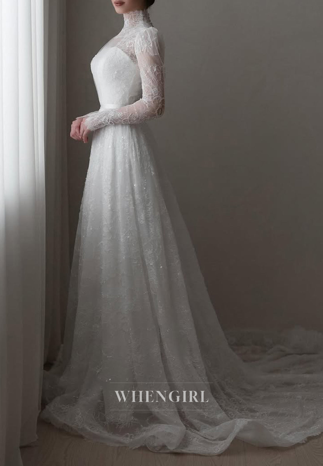 A-Line High Neck Long Sleeves Beaded Lace Buttons Court Train Wedding Dress