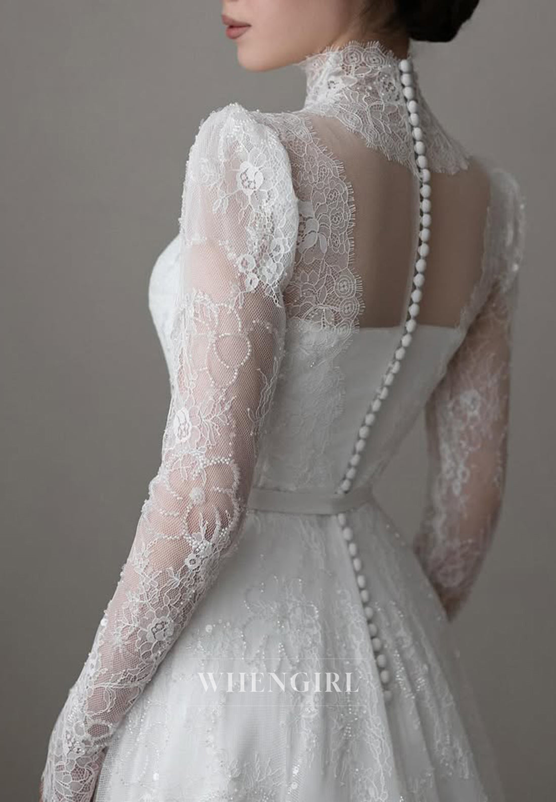 A-Line High Neck Long Sleeves Beaded Lace Buttons Court Train Wedding Dress