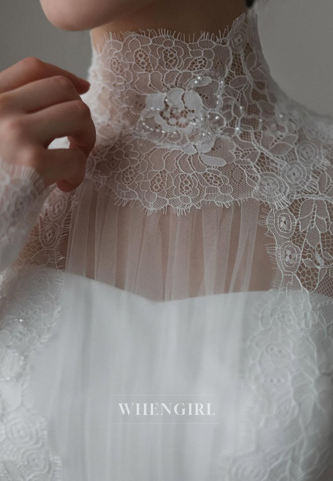 A-Line High Neck Long Sleeves Beaded Lace Buttons Court Train Wedding Dress