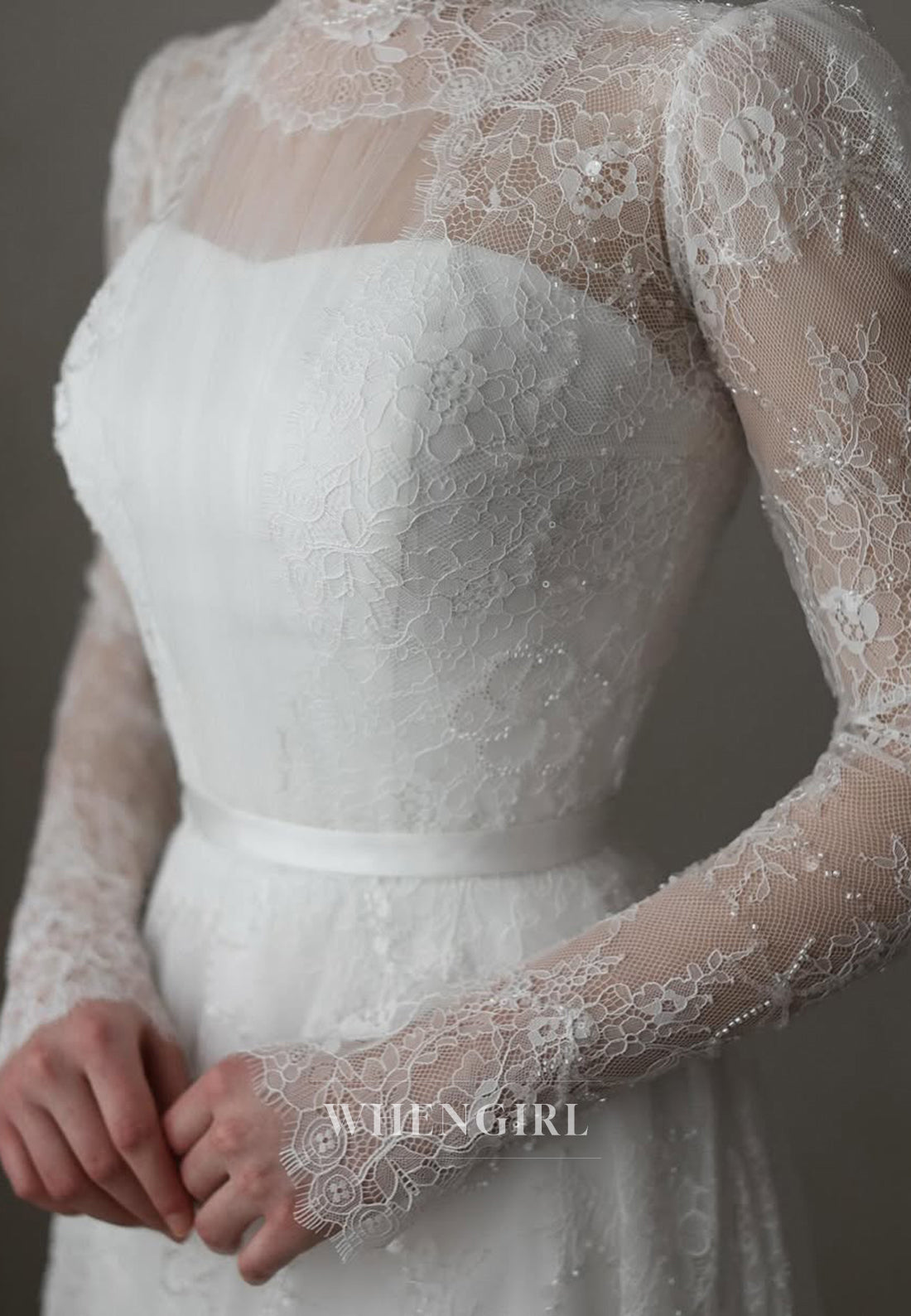 A-Line High Neck Long Sleeves Beaded Lace Buttons Court Train Wedding Dress