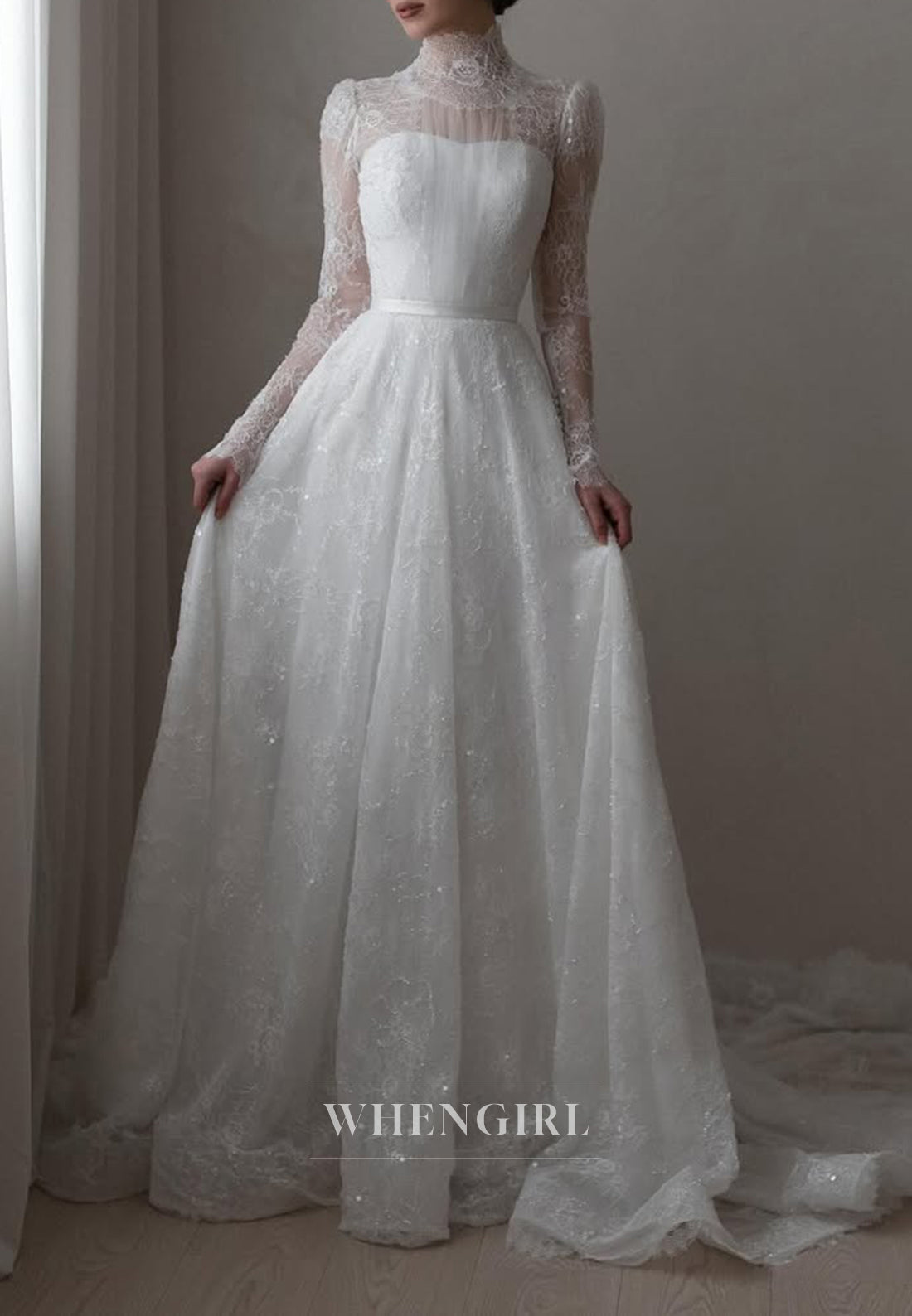 A-Line High Neck Long Sleeves Beaded Lace Buttons Court Train Wedding Dress