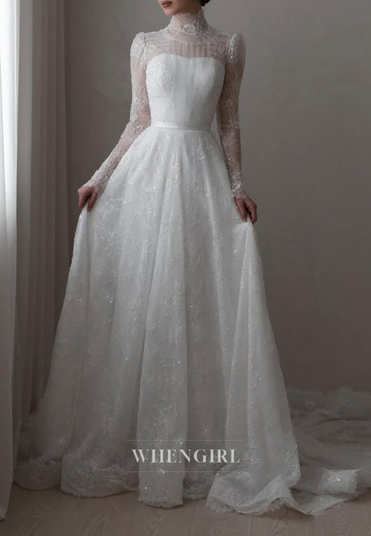 A-Line High Neck Long Sleeves Beaded Lace Buttons Court Train Wedding Dress
