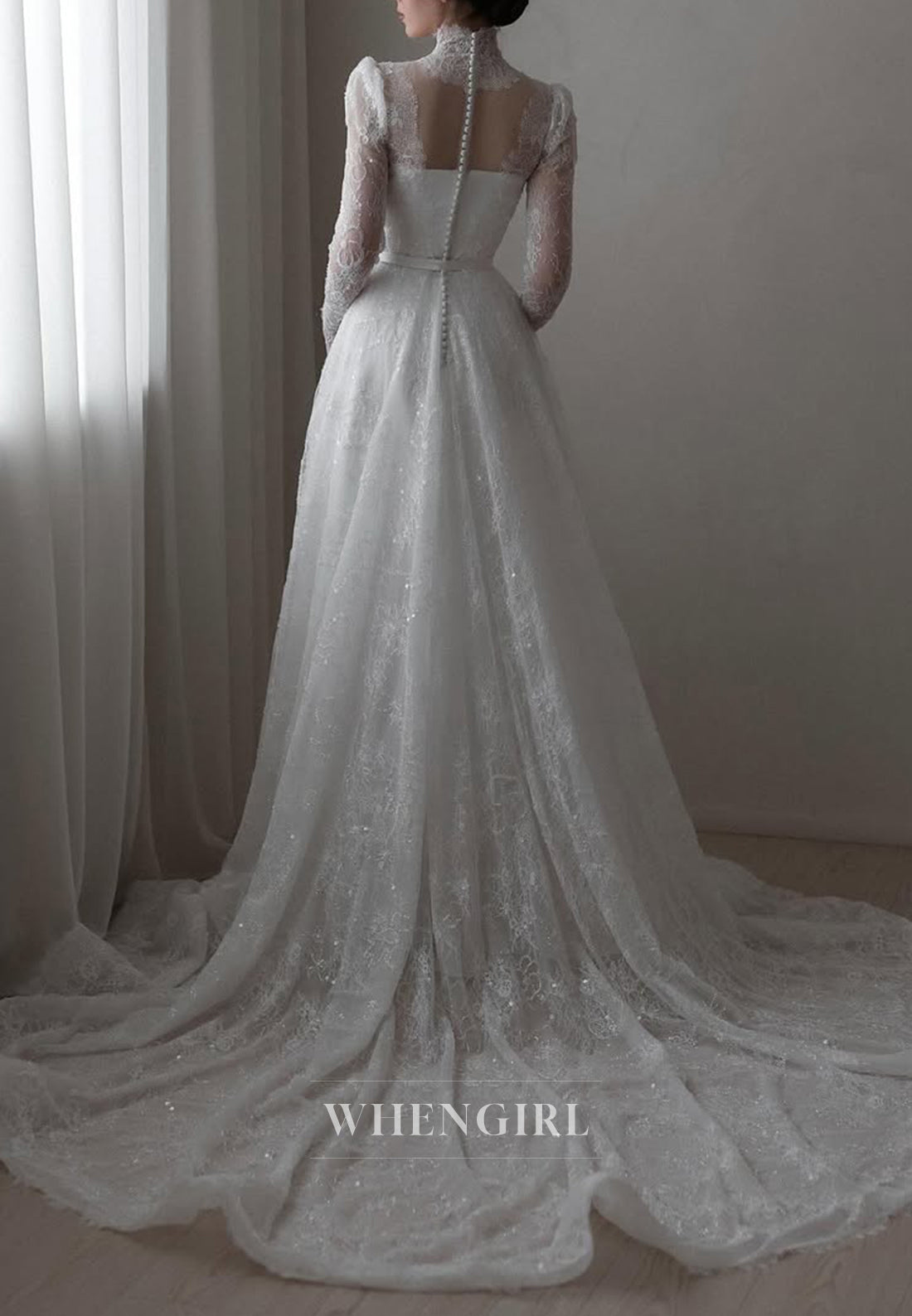 A-Line High Neck Long Sleeves Beaded Lace Buttons Court Train Wedding Dress