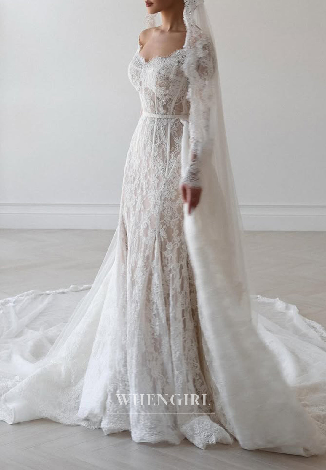 Sheath Scalloped Neck Long Sleeves Detachable Court Train Wedding Dress