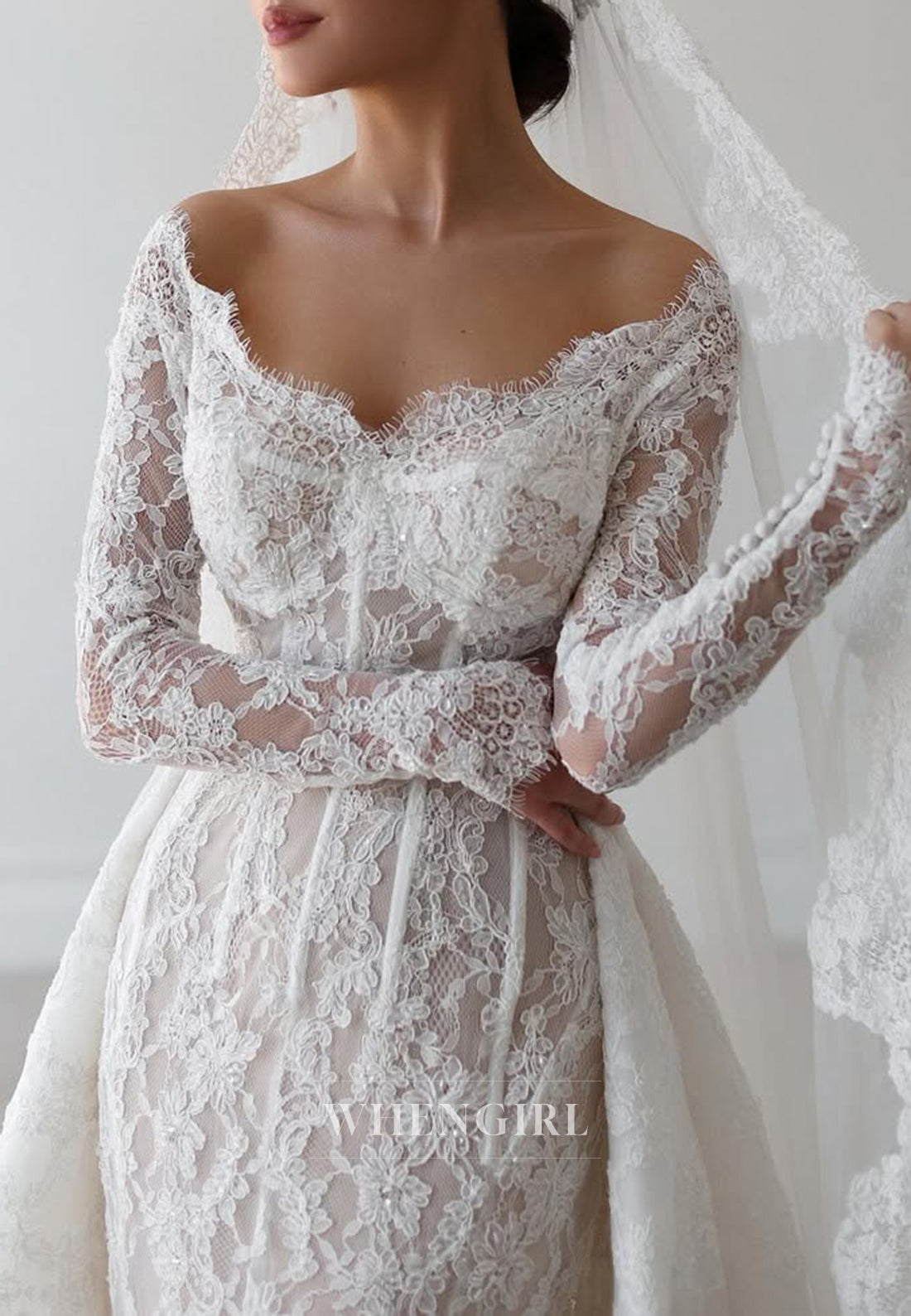 Sheath Scalloped Neck Long Sleeves Detachable Court Train Wedding Dress