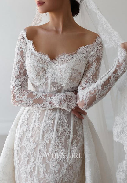 Sheath Scalloped Neck Long Sleeves Detachable Court Train Wedding Dress