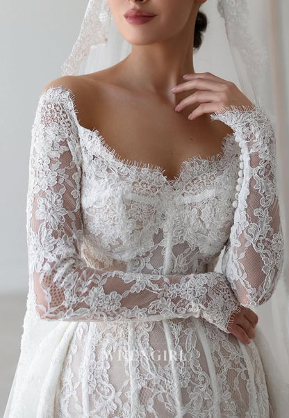 Sheath Scalloped Neck Long Sleeves Detachable Court Train Wedding Dress
